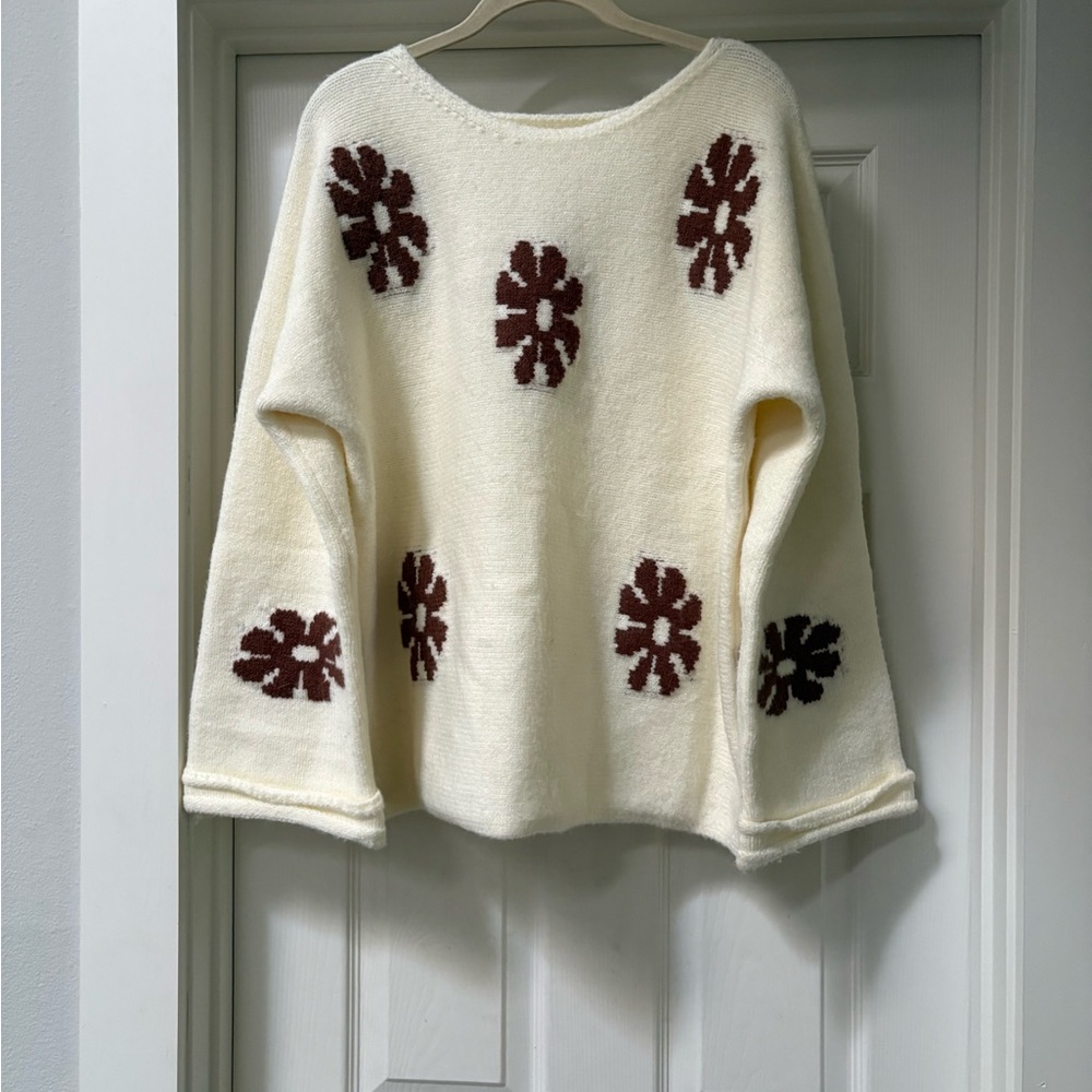 Ivory Sweater with Chocolate Floral Accents